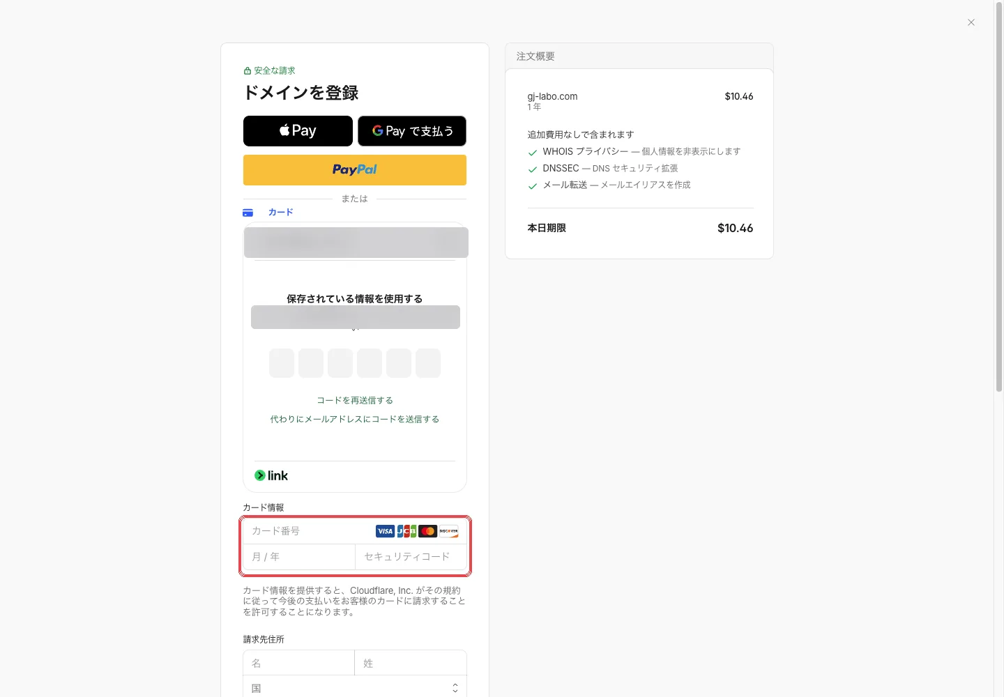 決済画面。カード情報の入力欄に赤枠。右側に注文概要とWHOISプライバシー・DNSSEC・メール転送が追加費用なしと表示