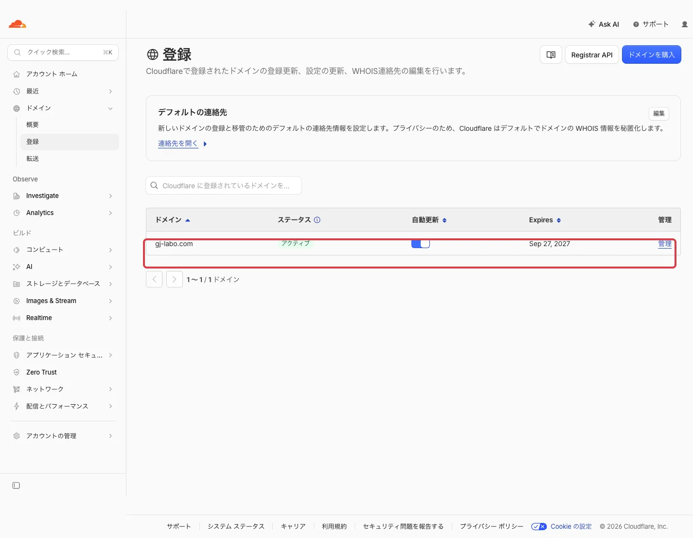 登録済みドメインの一覧。gj-labo.comがアクティブ、自動更新オン、Expires Sep 27, 2027