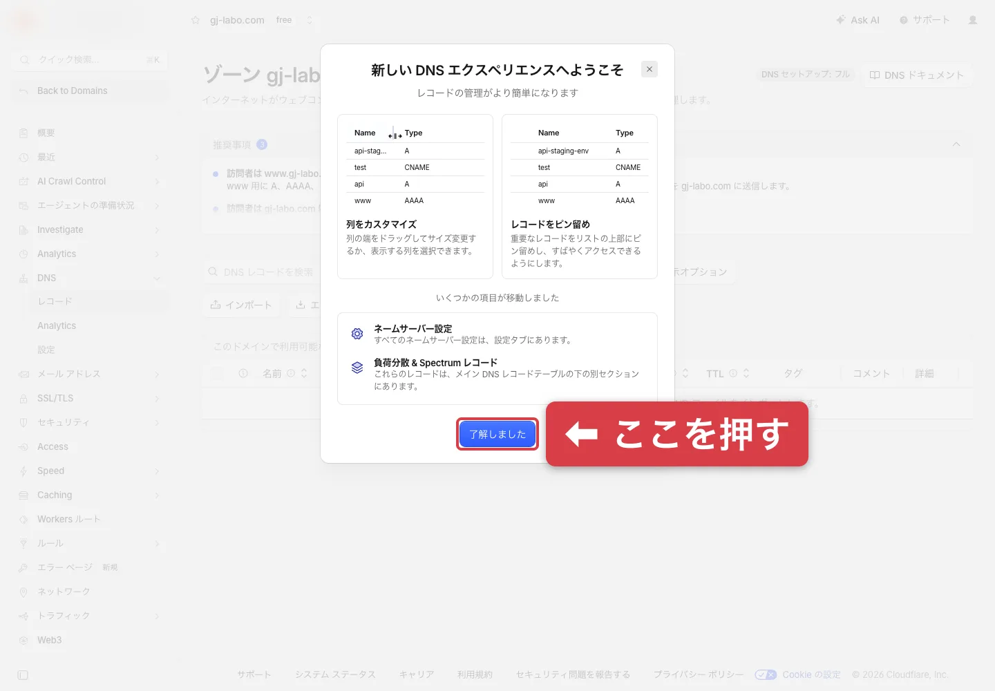 新しい DNS エクスペリエンスへようこそ、の案内ダイアログ。了解しましたボタンに赤枠と矢印