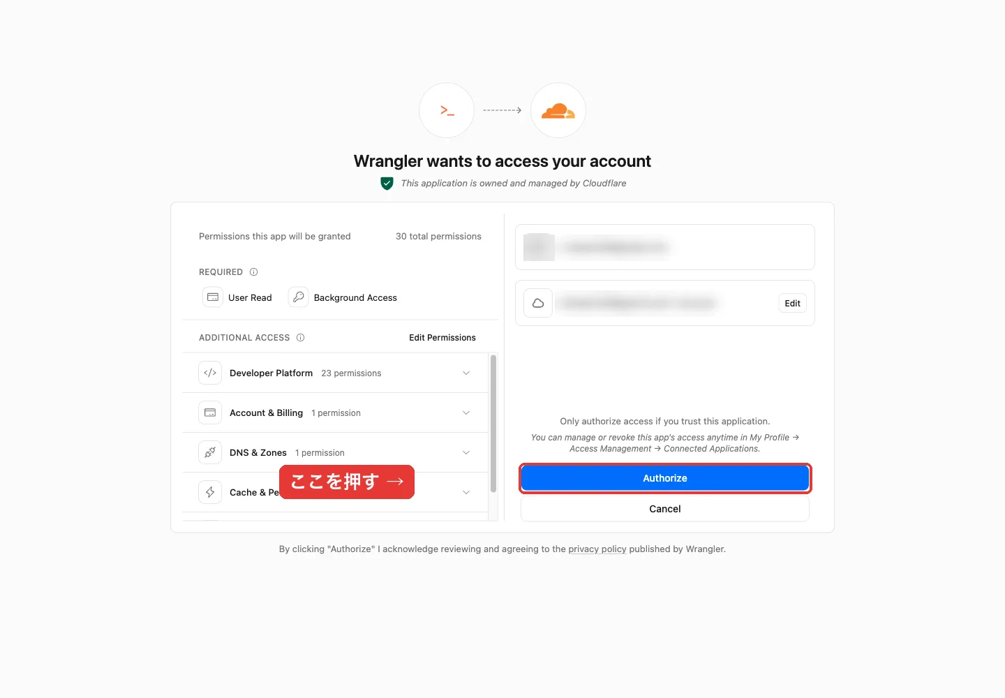 Wrangler wants to access your accountの許可画面。右下のAuthorizeボタンに赤枠