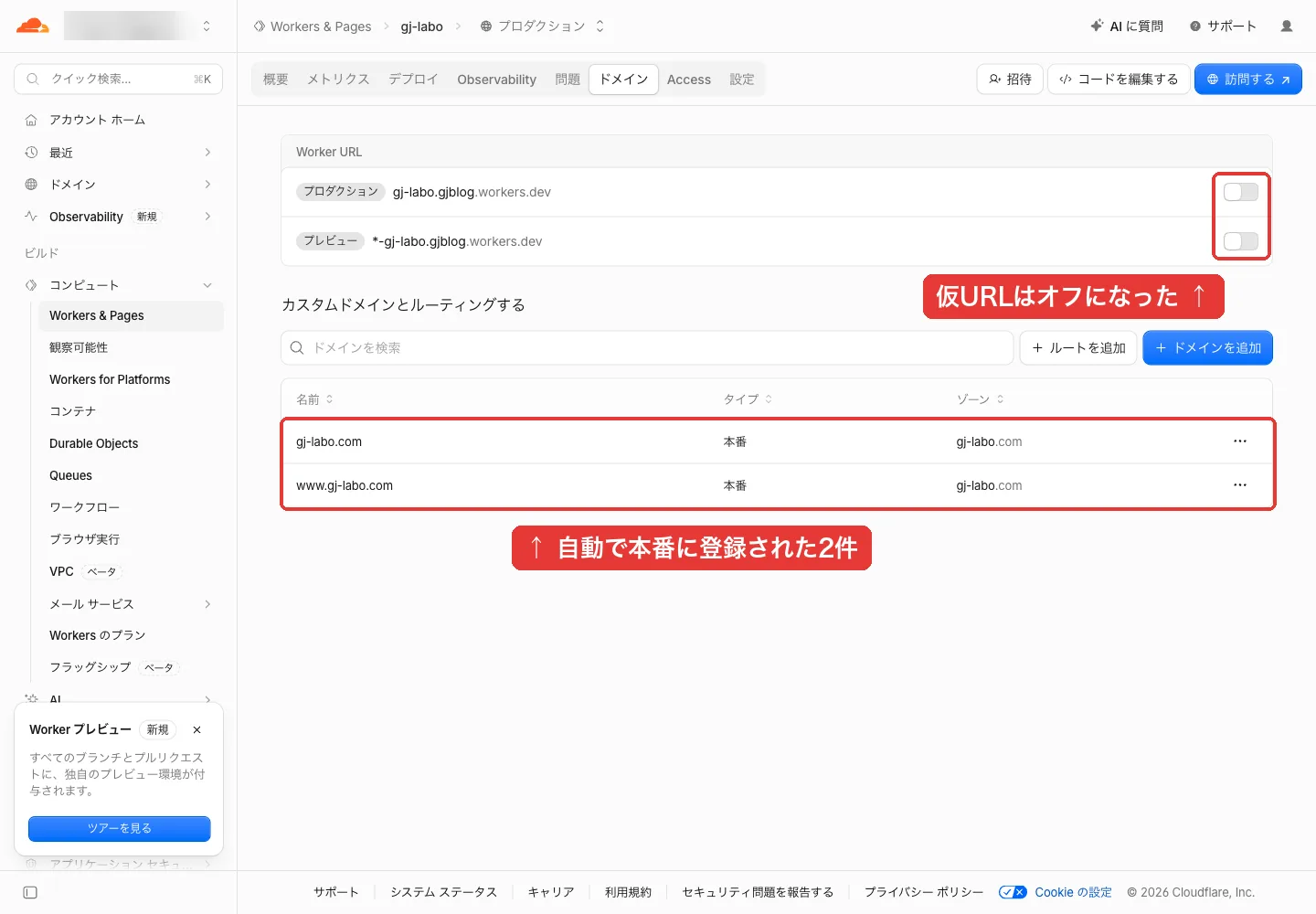 Workerのドメインタブ。カスタムドメインにgj-labo.comとwww.gj-labo.comの2件。上のWorker URLのスイッチはオフ