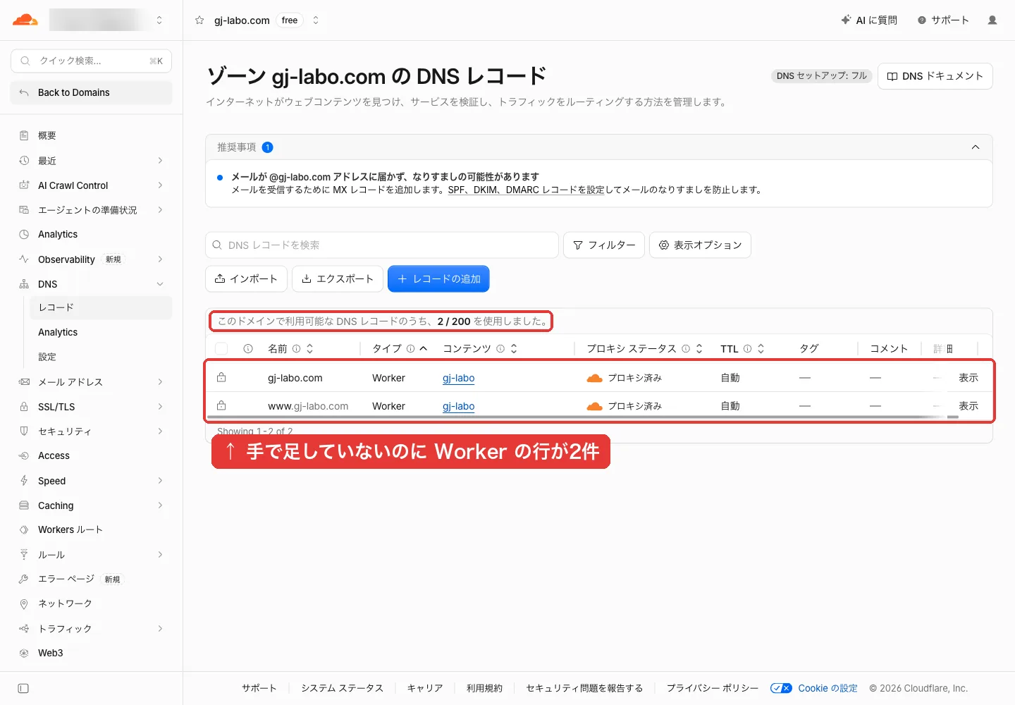 DNSレコード画面。2 / 200 を使用、gj-labo.comとwww.gj-labo.comがタイプWorkerで並んでいる