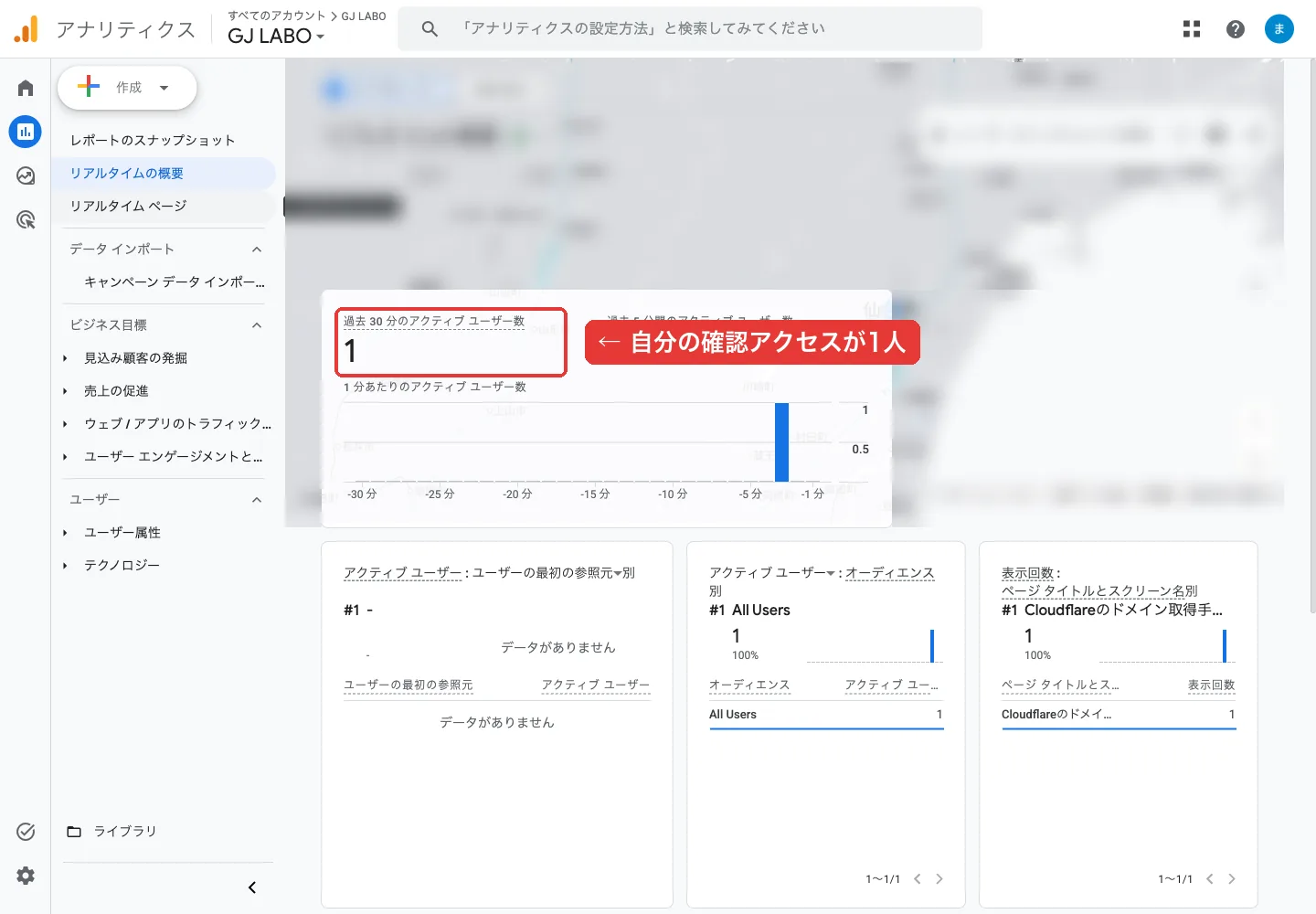 GA4のリアルタイムの概要。過去30分のアクティブユーザー数が1。地図部分はぼかし