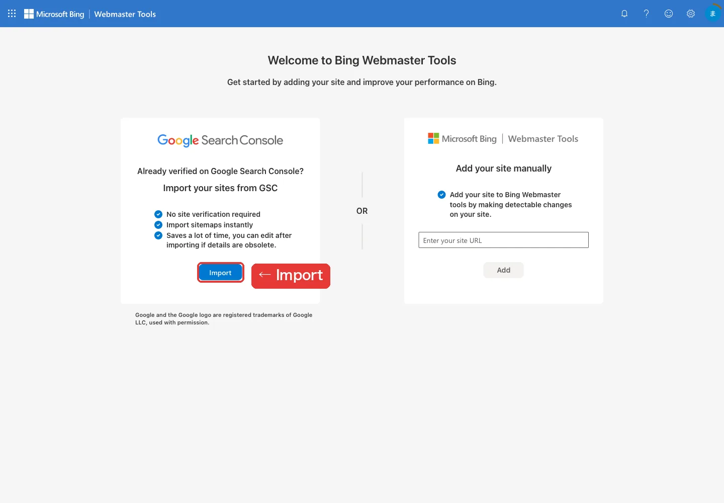 Bing Webmaster Toolsの最初の画面。Google Search Consoleから取り込むImportボタンに赤枠
